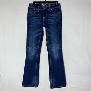 Wrangler Rock 47 Distressed Dark Wash Low Rise Boot Cut Jeans W Flap Pockets 26